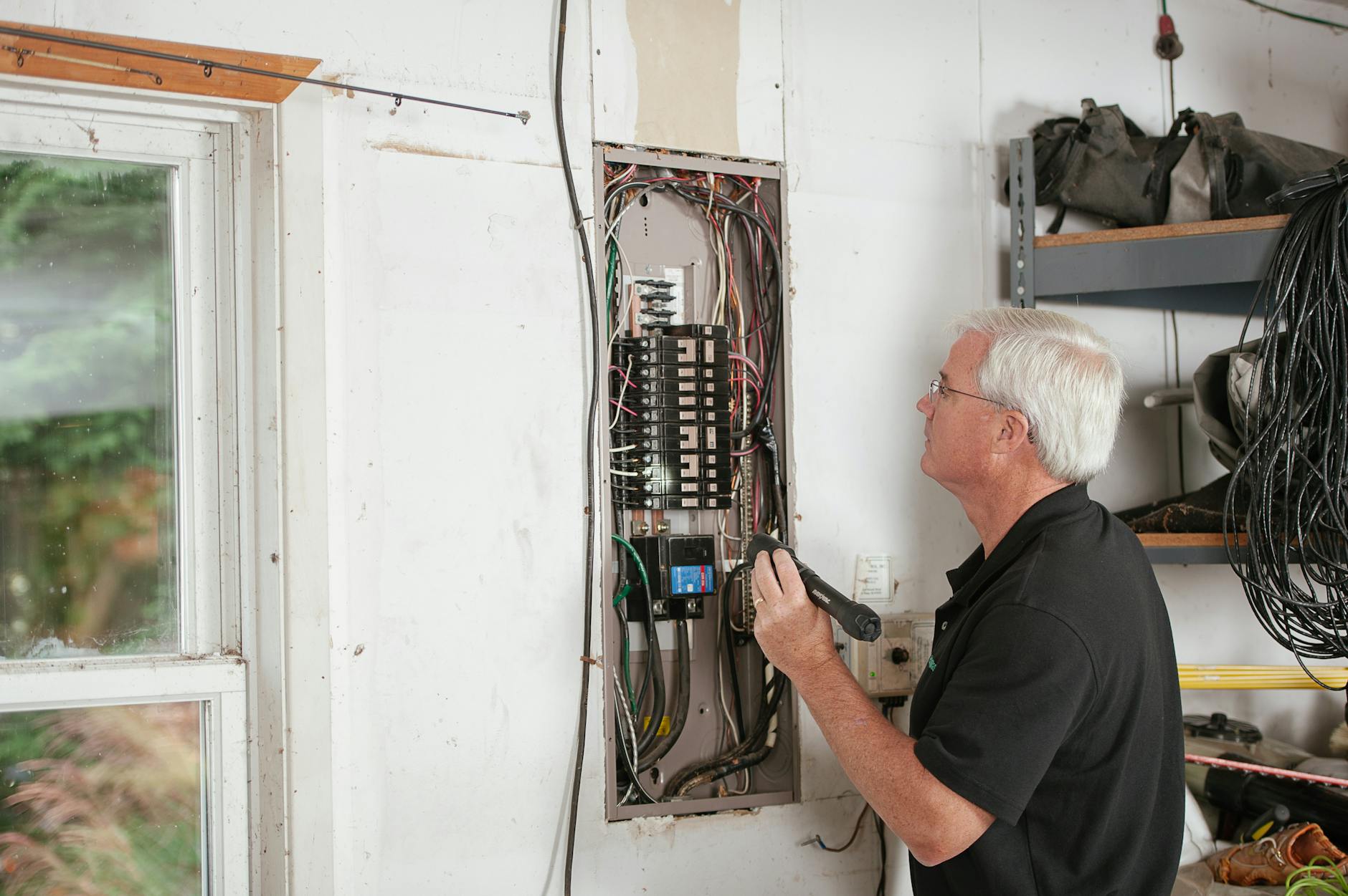Elektryk sprawdza domową rozdzielnicę, dbając o bezpieczeństwo instalacji Elektryk sprawdza domową rozdzielnicę, dbając o bezpieczeństwo instalacji